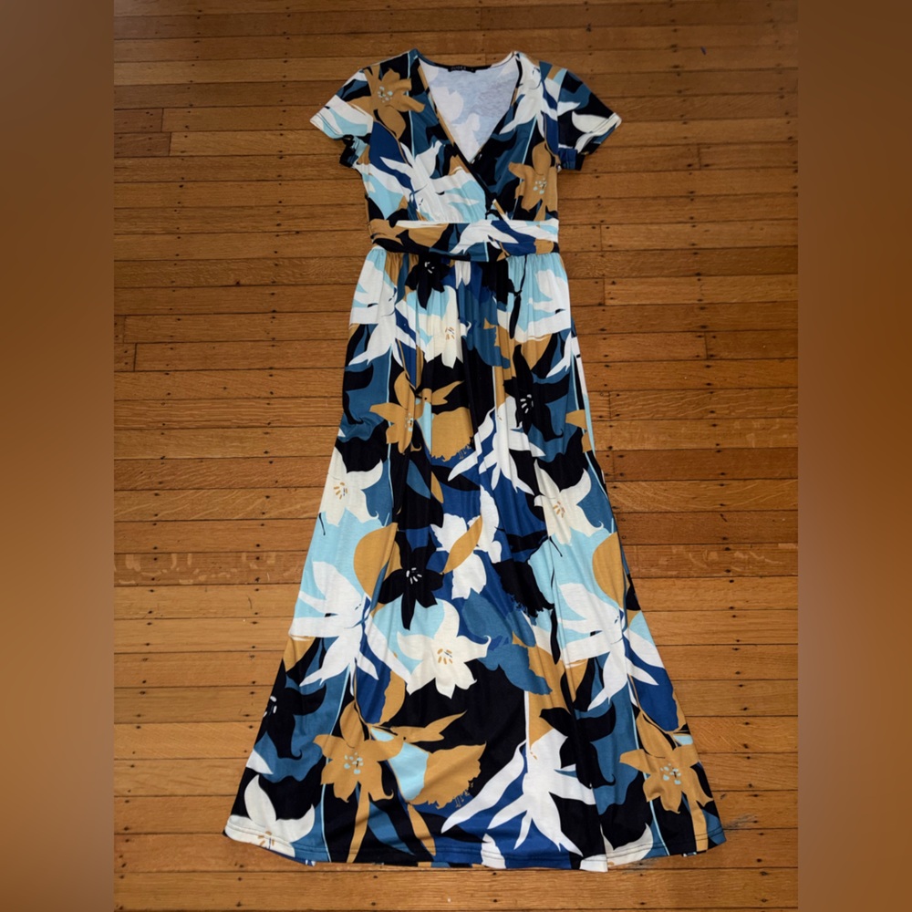 Ouges M Dress summer Floral Print Dress  blue Maxi v neck party short sleeve